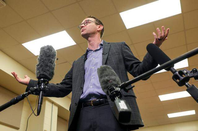 State Education Commissioner Mike Morath talks to the press following a tour of William James Middle School on Thursday, Aug. 28, 2025, in Fort Worth.